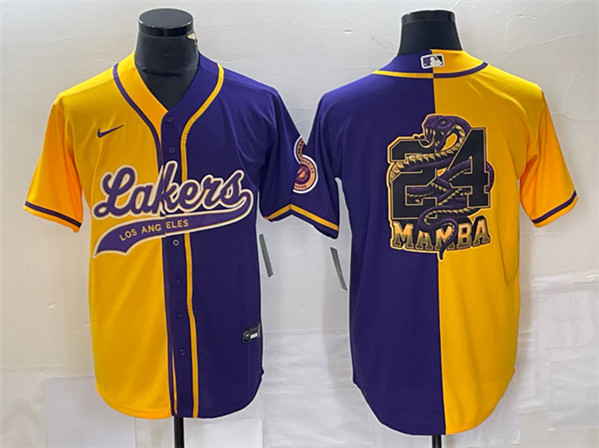 Men's Los Angeles Lakers Gold/Purple Split #24 Mamba Big Logo Cool Base Stitched Baseball Jersey